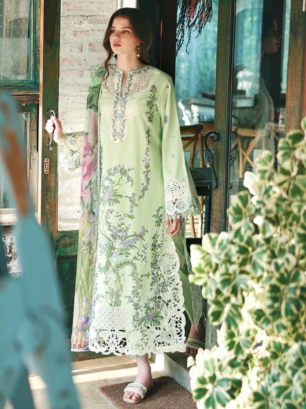 Elegant Light Green pakistani designer Dress Brand Mushq